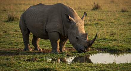 Fototapeta premium Majestic rhinoceros drinking water in golden light of african savannah