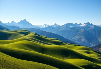 Fototapeta premium Rolling green hills meet majestic mountain peaks under a clear sky, pasture, image