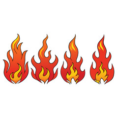 Four Cartoon Flames with Black Outlines and Varying Shapes on a White Background for Design Elements and Illustrations