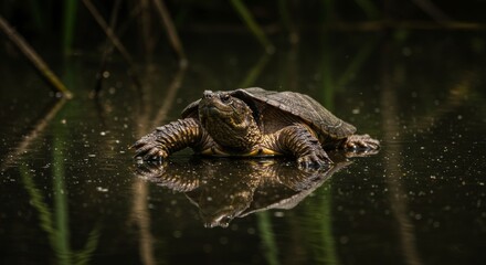 Reflective Serenity, A Snapping Turtle's Tranquil Moment in Still Water