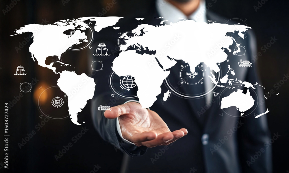 Poster businessman presenting digital world map with connection symbols in a modern office setting for inno