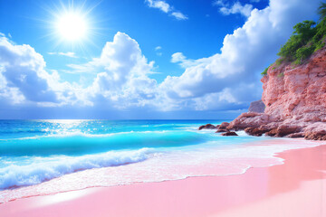 pink beach with waves crashing on the shore