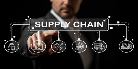 Businessman Interacting with Digital Supply Chain Icons Representing Logistics, Transportation, and Global Trade on a Dark Background