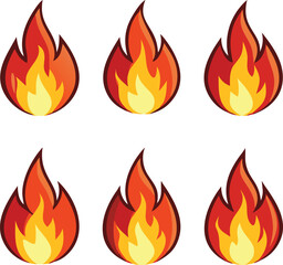 Set of Six Cartoon Fire Icons with Red and Orange Flames on a White Background for Design and Illustration Purposes