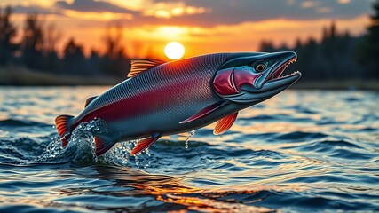 Fototapeta premium A vibrant rainbow trout leaps from the water at sunset creating a stunning and dynamic wildlife scene.