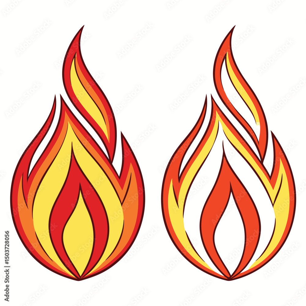 Poster two cartoon flames with different styles and color palettes on a white background isolated for graph
