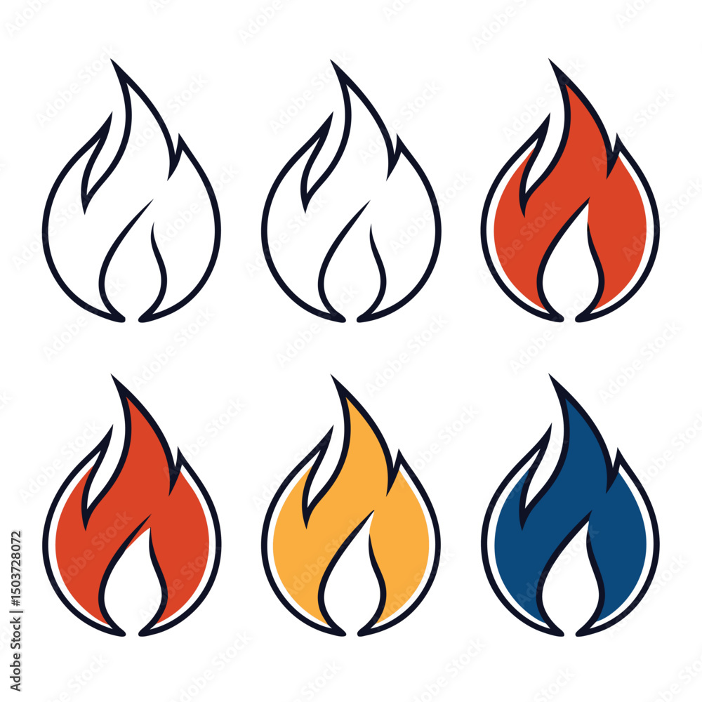 Poster set of six flame icons with different color variations and outline style representing fire energy pa