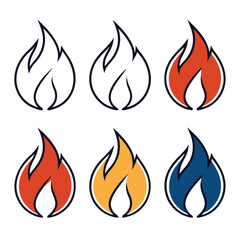 Set of Six Flame Icons with Different Color Variations and Outline Style Representing Fire Energy Passion and Creativity on White Background