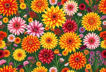 Seamless autumn floral vector pattern featuring dahlias, asters, and wildflowers, botanical, pattern