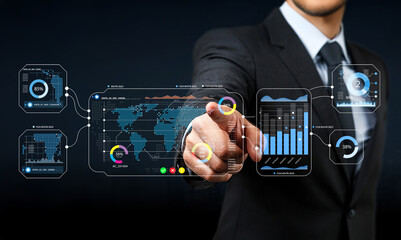 Businessman Interacting with Futuristic Data Visualization Interface Displaying Global Statistics and Graphs for Modern Analysis and Decision Making