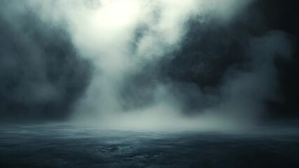 A dense, rolling fog spreading over a dark wet ground, illuminated from above with a cinematic spotlight, ultra-realistic, moody atmosphere, high contrast lighting, film still - Powered by Adobe