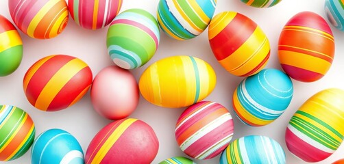 Seamless pattern of colorful flat line painted eggs on white background , decoration, colorful