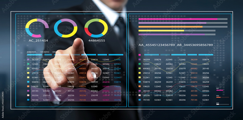 Poster businessman interacting with data visualization on futuristic touchscreen display in modern office e