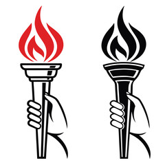 Two Stylized Hands Holding a Torch with Flames in Red and Black on a White Background
