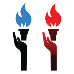 Two Hands Holding Torches with Red and Blue Flames on a White Background Symbolizing Competition and Contrasting Ideas in Business