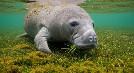 Fototapeta premium Underwater View of a Manatee Grazing on Sea Grass in Crystal Clear Water