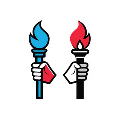 Two Hands Holding Torches with Differently Colored Flames Illustrating Duality Opposition or Competition in a Bold and Graphic Style