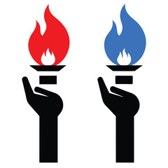 Two Hands Holding Torches with Red and Blue Flames Symbolizing Contrasting Ideas Opposition Competition or Different Perspectives on a Single Concept