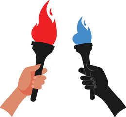 Illustration of Two Hands Holding Torches with Flames of Red and Blue Isolated on a White Background