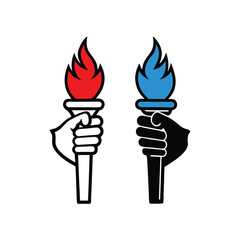 Two Hands Holding Torches with Red and Blue Flames Symbolizing Competition Victory and Inspiration on a White Background