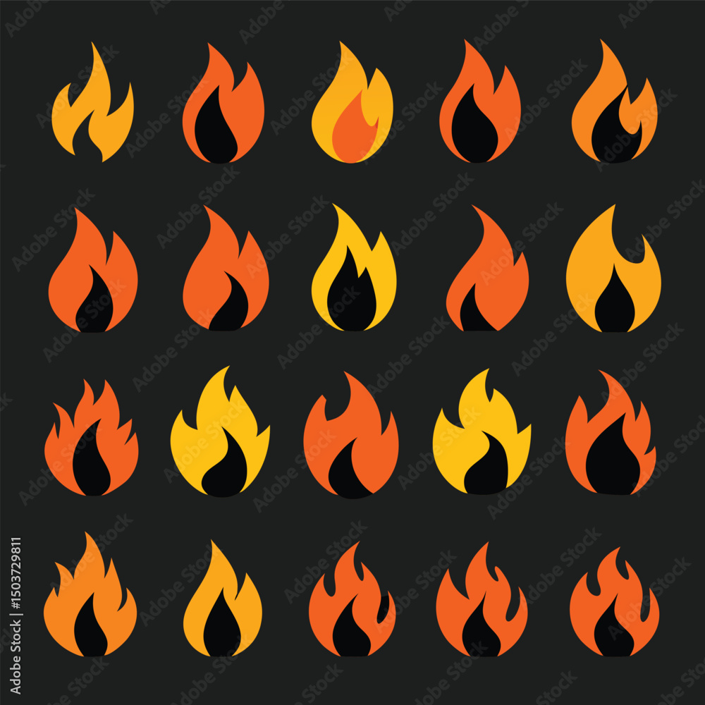 Aufkleber collection of twenty different fire icons in orange and yellow tones on a dark gray background in a 