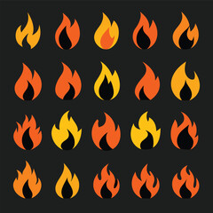Collection of Twenty Different Fire Icons in Orange and Yellow Tones on a Dark Gray Background in a Vector Format