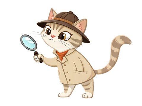 Cute cat detective with magnifying glass isolated on transparent background