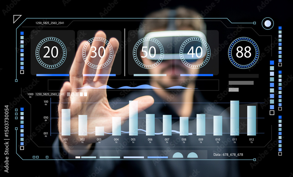 Poster male wearing virtual reality headset interacting with futuristic data visualization interface, showc