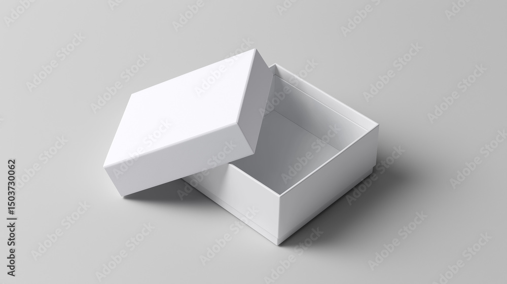 Poster minimalist open white box with detached lid on a light gray background.