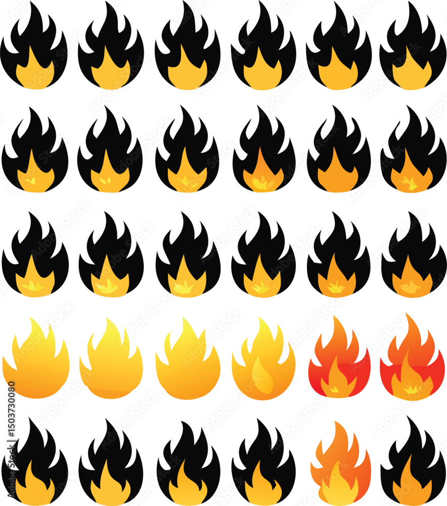 Aufkleber progression of fire intensity in a grid pattern representing stages from low heat to high heat with 