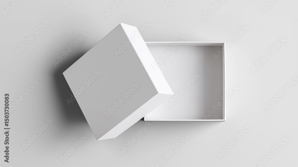 Poster minimalist open white box with detached lid on a light gray background.