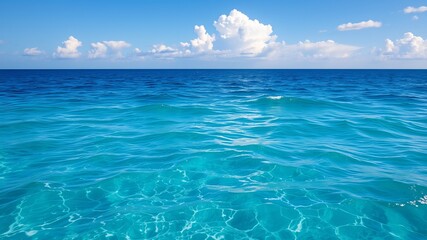 A breathtaking view of a tranquil turquoise ocean under a vibrant blue sky with fluffy white clouds on a sunny day.