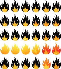 Progression of Fire Intensity in a Grid Pattern Representing Stages from Low Heat to High Heat with Color Gradient