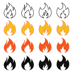 Collection of Fire Flame Icons in Different Styles and Colors Including Outline Yellow Orange and Black Isolated on White Background