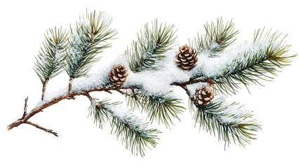 Whispers of winter a snow dusted pine bough adorned with tiny cones brings holiday cheer on an