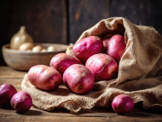Obraz premium Rustic Sack of Fresh Potatoes with Red and Yellow Varieties on Wooden Table