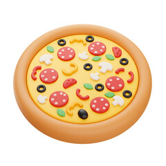 Delicious cartoon pizza with pepperoni olives mushrooms and a golden crust isolated