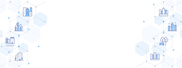 Obraz premium City Banner Vector Illustration with Two-sided Icon Style. Line Duotone icon. Containing. city, cityscape, office building, park