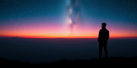 Silhouette against vast, star-studded sky over surreal landscape, nocturnal, celestial