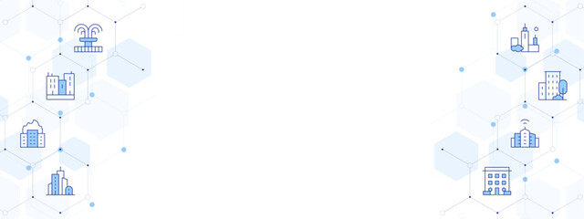 Obraz premium City Banner Vector Illustration with Two-sided Icon Style. Line Duotone icon. Containing. fountain, city, building, buildings, smart city, architecture and city