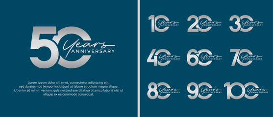 set of anniversary logo flat silver color on blue background for celebration moment