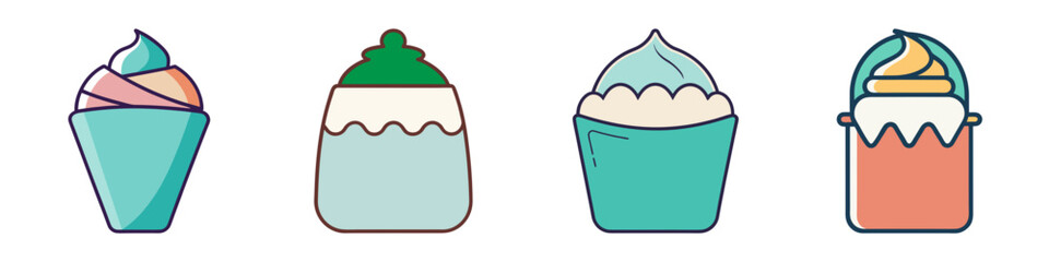 Colorful Frosting and Cupcake Icons Set – Flat Design Illustration
