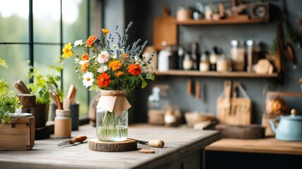Rustic flower arrangement in a craftsman style interior