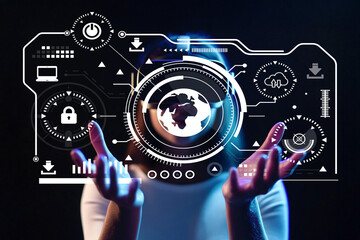 Futuristic technology interface with digital world representation and user interacting with holographic elements and security icons in a modern environment