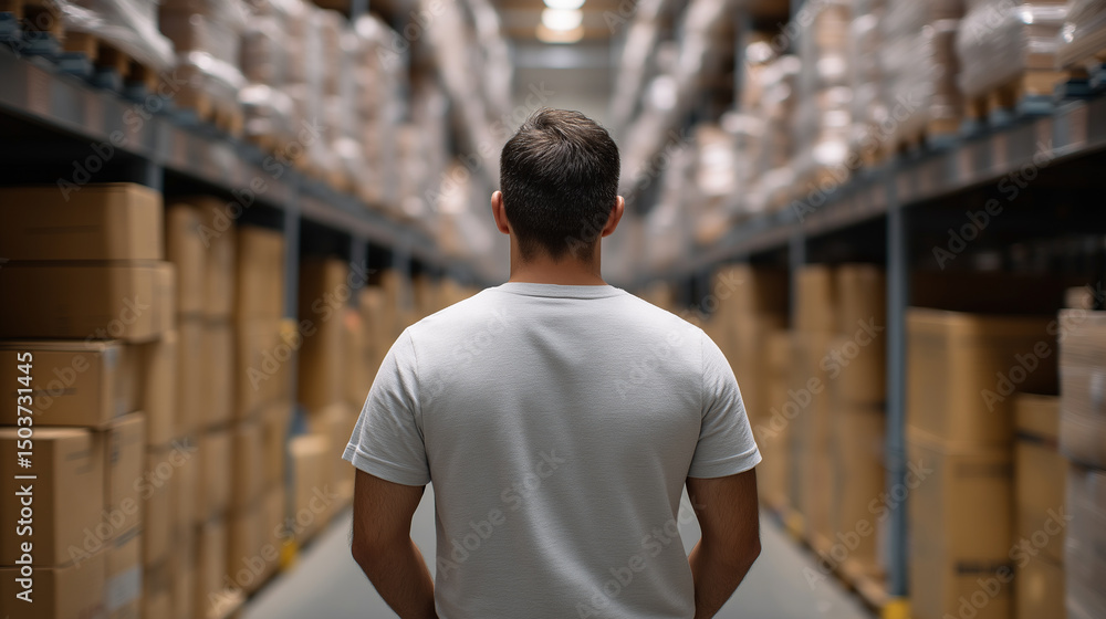 Poster man standing in the middle of a large warehouse aisle surrounded by stacked boxes.