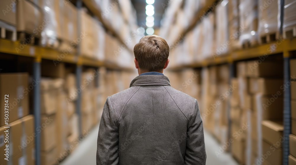 Poster man standing in the middle of a large warehouse aisle surrounded by stacked boxes.