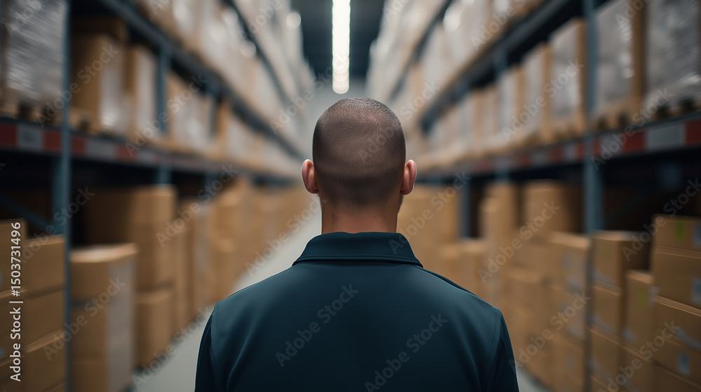 Poster man standing in the middle of a large warehouse aisle surrounded by stacked boxes.