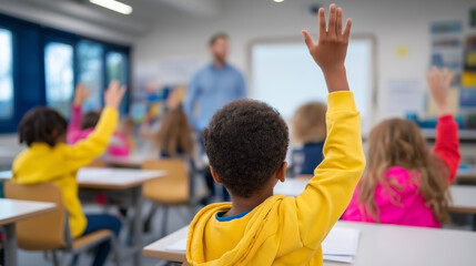 Group of schoolchildren raising their hands in a classroom during a lesson.  

