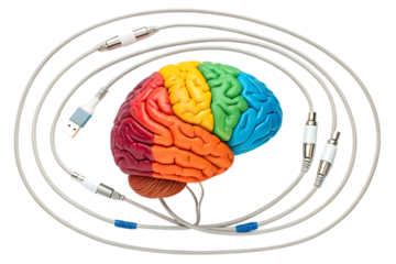 Rainbow brain connected with cables isolated on transparent background