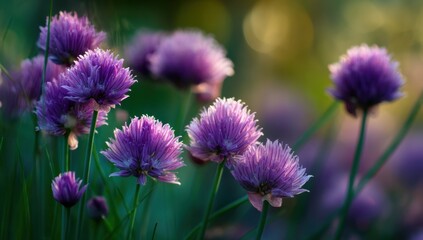 Obraz premium Purple chive flowers in garden setting
